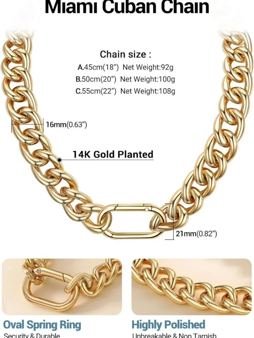 Trendy Chunky Gold Cuban Chain Necklace for Women, 14K Gold Plated, Hip Jewelry